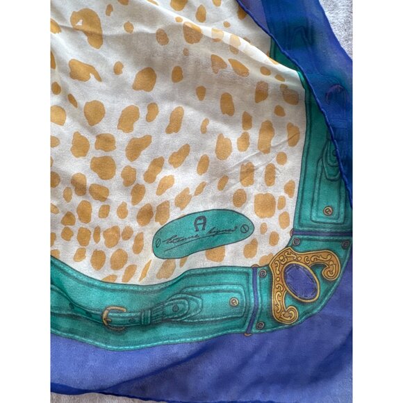 Etienne Aigner 100% Silk Scarf Made in Italy Tiger Leopard Print with Blue Borde - Picture 8 of 9